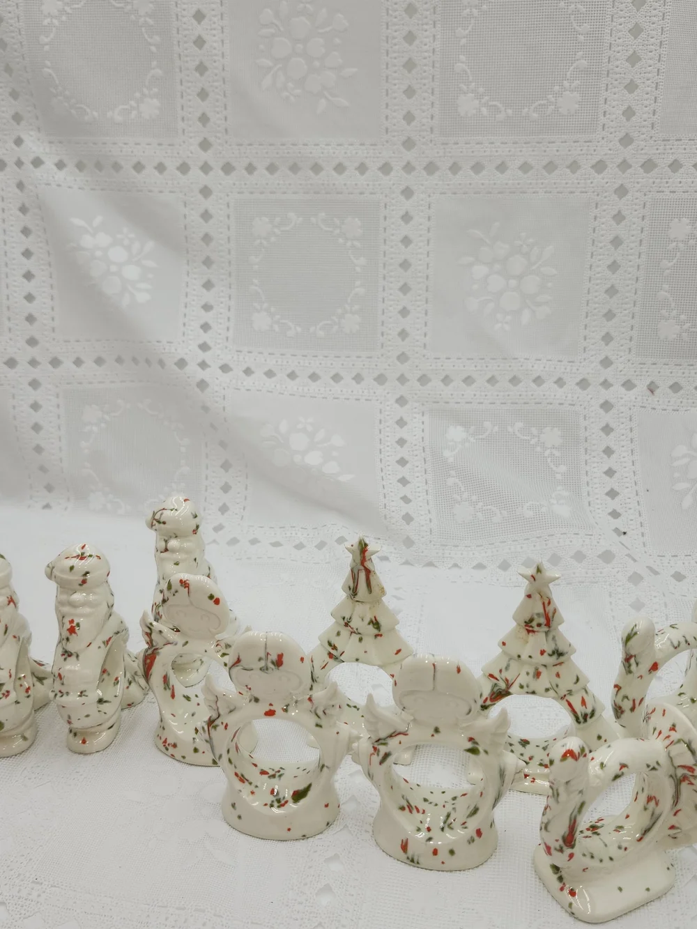 Vintage Christmas Holiday Angel Santa hand painted napkin rings table Drip Glaze